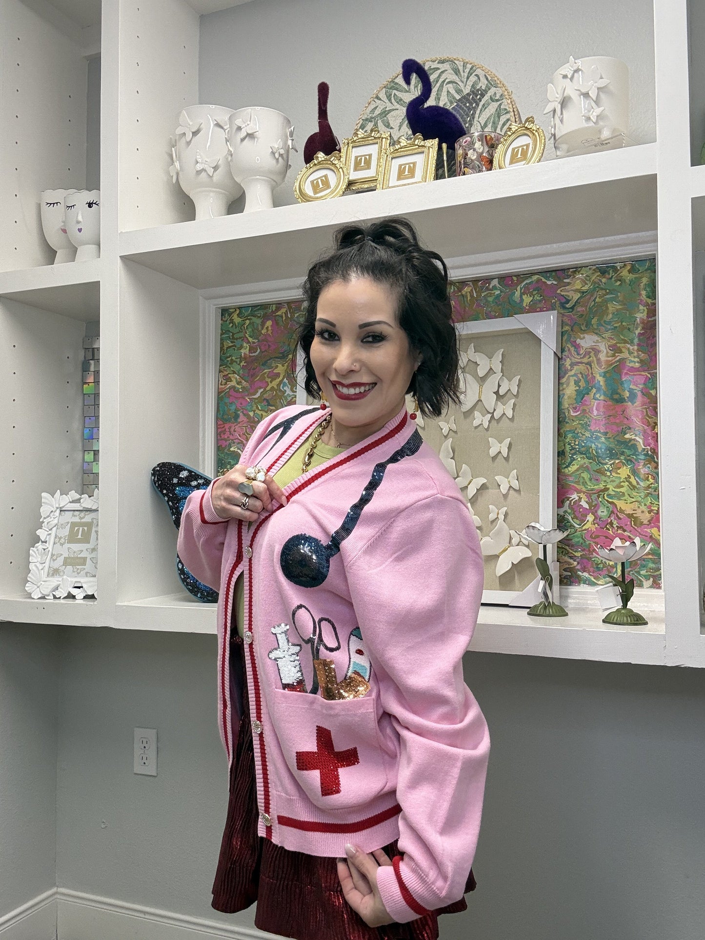 Queen of Sparkles Pink Medical Instrument Button Up Cardigan