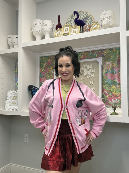 Queen of Sparkles Pink Medical Instrument Button Up Cardigan