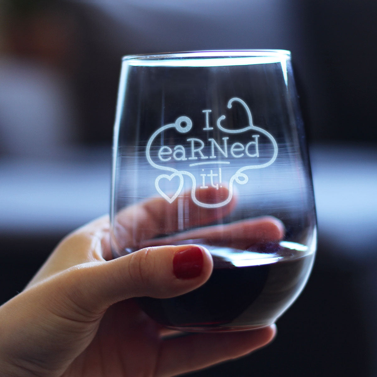 I eaRNed it – Cute Funny Registered Nurse Stemless Wine Glass - Healthcare Themed Gifts or Party Decor for Women and Men - Large 17 oz