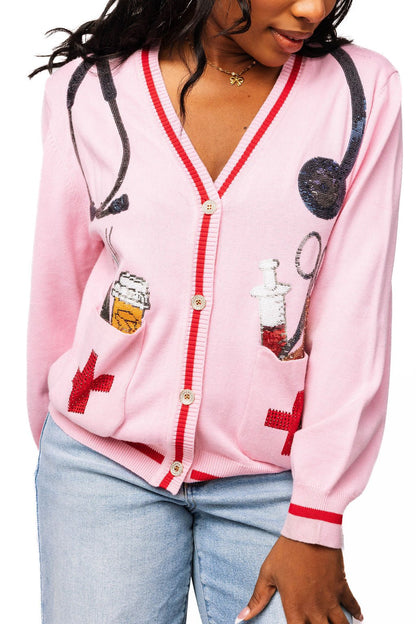 Queen of Sparkles Pink Medical Instrument Button Up Cardigan